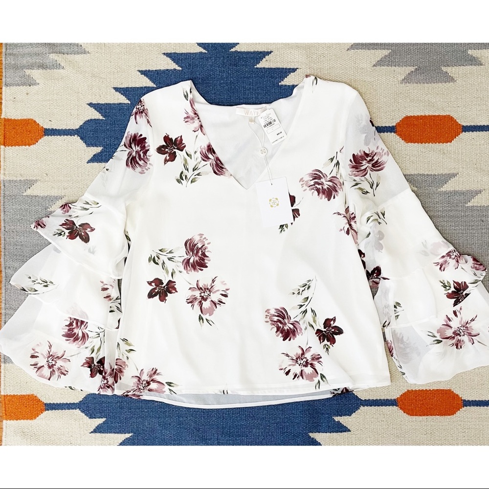 Floral Ruffle Sleeve Top - White and Purple
